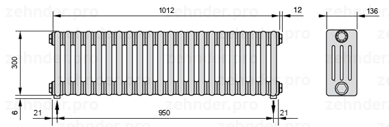 Схема (чертеж) Радиатор Zehnder Charleston 4030/22 №3570 Белый глянцевый RAL 9016